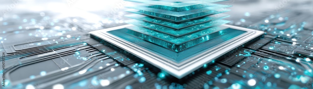 Aufkleber Adaptive chip and programmable integration concept. Futuristic digital circuit with layered transparent elements.