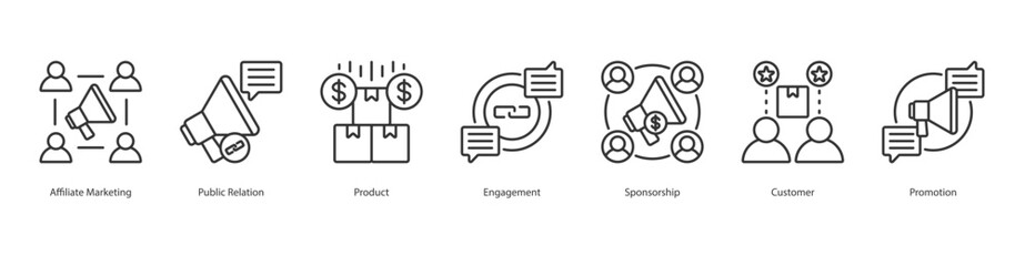 Promotional Partnership banner web icon set vector illustration concept with icon of affiliate marketing, public relation, product, engagement, sponsorship, customer, promotion