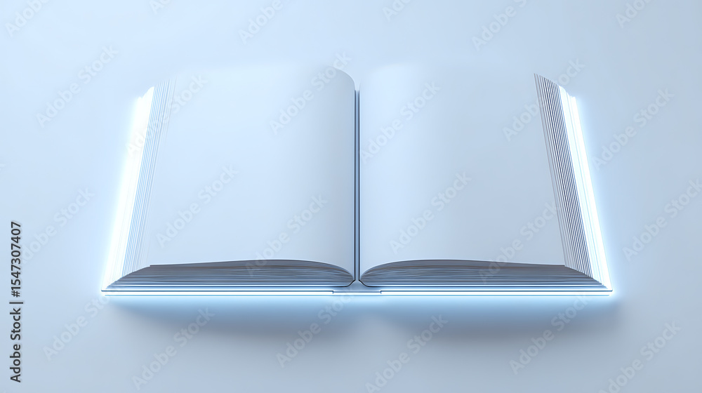 Poster open blank book with glowing pages floating on light background, creating magical educational atmosp