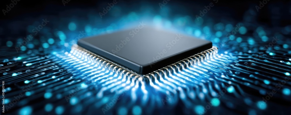 Poster Adaptive chip and programmable integration concept. Futuristic microchip with glowing circuits and digital technology.