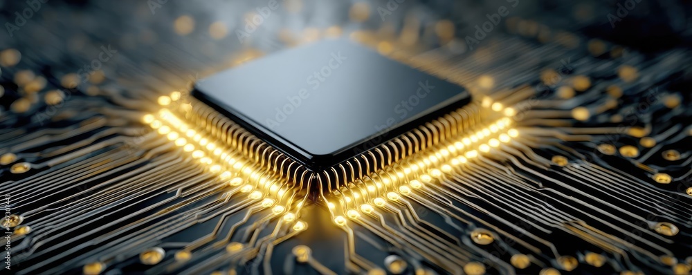 Poster Adaptive chip and programmable integration concept. Close-up view of a microprocessor on a circuit board.
