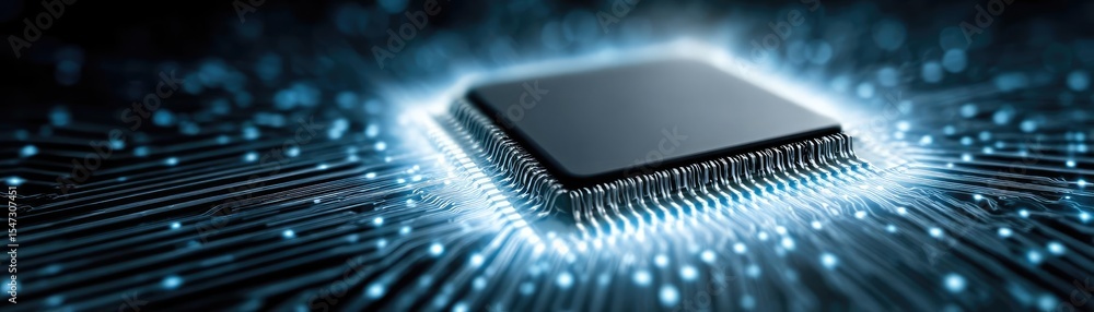 Poster Hybrid processor in plasma development concept. Close-up of a microchip with glowing circuits and data flow.