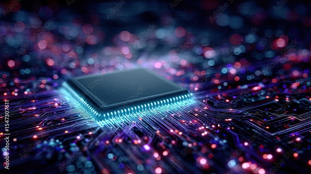 Poster Hybrid processor in plasma development concept. Close-up of a microchip on a colorful circuit board.