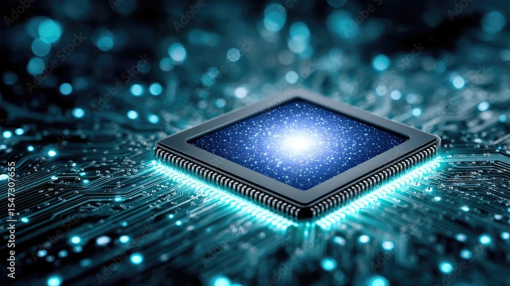 Poster Hybrid processor in plasma development concept. Close-up of a futuristic microprocessor with glowing circuits.