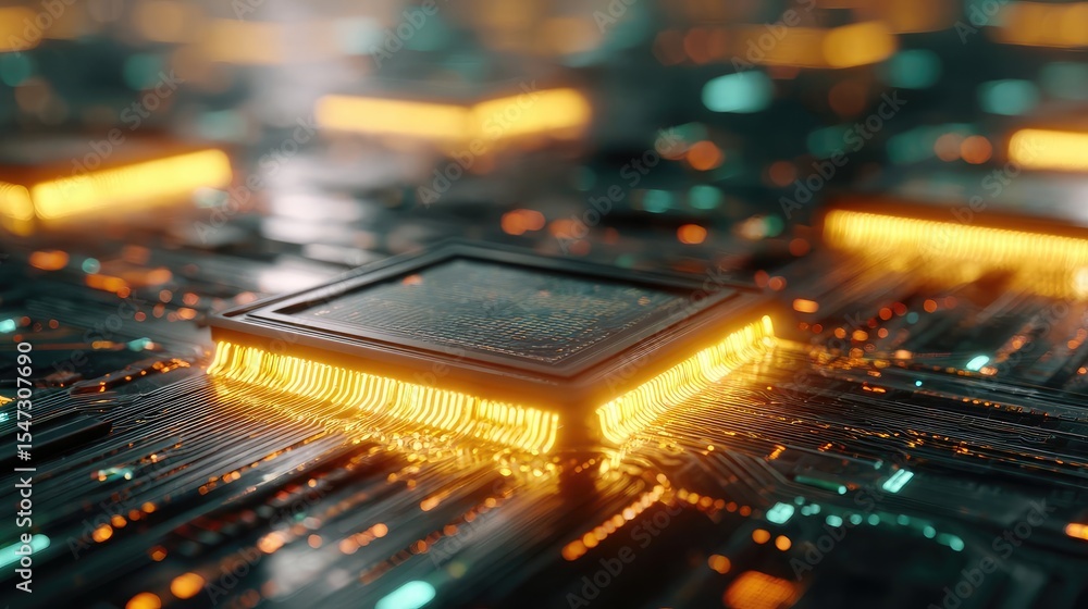Aufkleber Adaptive chip and programmable integration concept. Close-up of a circuit board with vibrant glowing chips and connections.