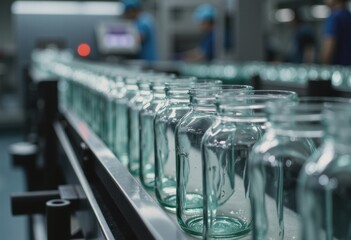 Obraz premium Empty glass jars lined up on a conveyor in a food canning factory