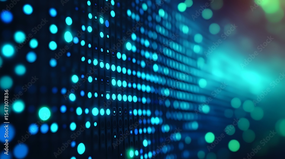 Poster glowing blue and turquoise dots forming digital pattern on dark background create futuristic technol