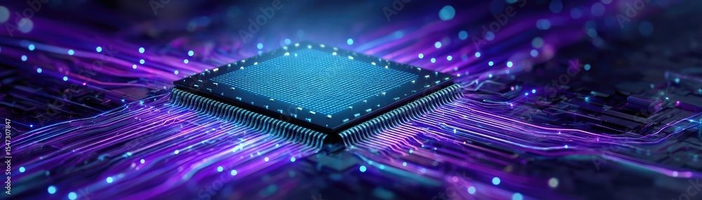 Poster Adaptive chip and programmable integration concept. A futuristic microchip surrounded by vibrant electronic circuits.