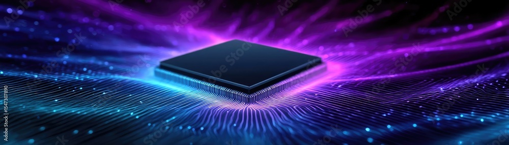 Poster Adaptive chip and programmable integration concept. Futuristic digital chip with vibrant neon light effects.