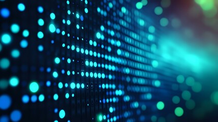 Naklejka premium Glowing blue and turquoise dots forming digital pattern on dark background create futuristic technology visualization with bokeh light effect and depth of field.