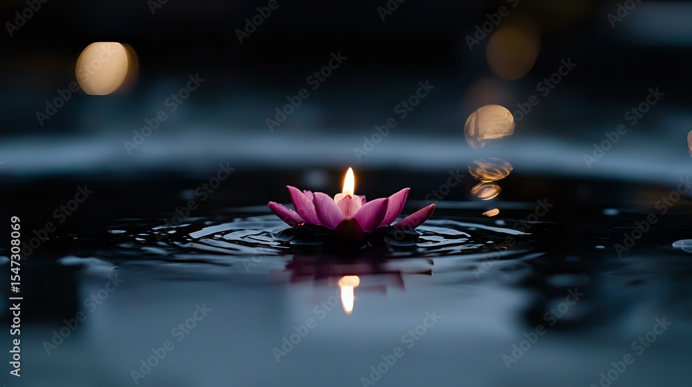 Aufkleber pink lotus-shaped floating candle creating ripples on dark water surface with bokeh lights in backgr