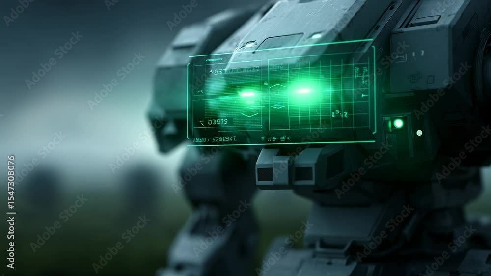 Poster a humanoid robot with glowing green eyes and advanced monitoring systems is positioned in a foggy te