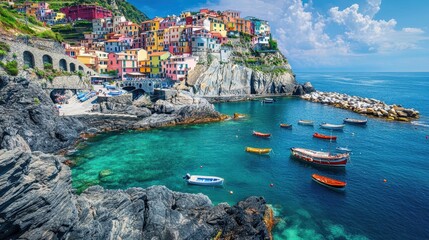 Coastal village with colorful houses overlooking crystal clear water, boats floating in the harbor, beautiful landscape, summer tourism destination in Italy.