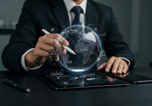 Businessman analyzing global data on tablet