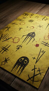 Parchment paper displays hand drawn cryptic symbols and dark ink sketches of ghosts resting on a rustic wooden table surface.