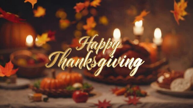 Candlelit rustic Thanksgiving table with pumpkins, leaves, and pie in warm autumn tones with "Happy Thanksgiving" greeting text, evoking gratitude, harvest celebration and family tradition