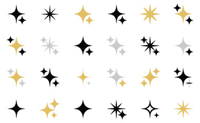 Assorted black, gold, and silver star shapes on white background – festive abstract design element for celebration, holiday, or decoration