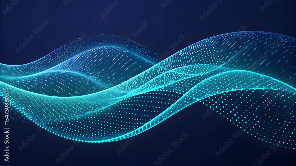Poster abstract wavy lines of interconnected glowing points creating a futuristic display of light and dept
