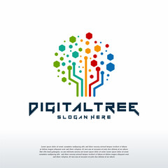 Digital Tree logo designs concept vector Dark background, Modern Tree tech logo template, Logo symbol icon
