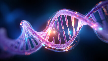 Spiral of Blue DNA double helix with light bokeh and bubble on beautiful blue background.
