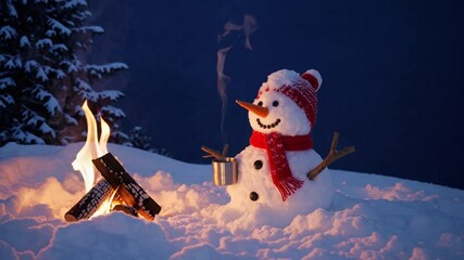 Whimsical snowman in red scarf and hat next to glowing campfire under snowy night sky, winter holiday joy, Christmas magic, storytelling and family outdoor celebration - Powered by Adobe