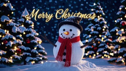 Christmas snowman with red scarf and black top hat standing in snowy forest surrounded by decorated Christmas trees, festive winter holiday greeting scene - Powered by Adobe