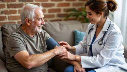 Caring doctor checks blood pressure of senior man in cozy setting, showcasing warm interaction and healthcare professionalism