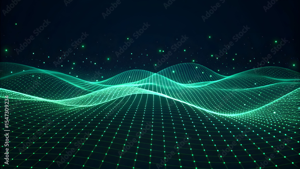 Poster luminous green data grid visualization resembling a topographical map with glowing particles enhanci