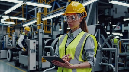 Confident female engineer in high visibility vest and helmet using tablet while inspecting advanced machinery inside modern industrial factory production facility - Powered by Adobe