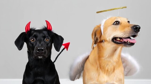 Two dogs in angel and devil costumes sitting together footage. Representing good vs evil, conscience, or a funny Halloween concept. Scene of comical pet opposites. 
