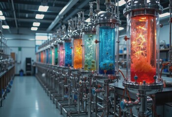 Large bio-reactors in a fermentation lab showcasing vibrant colors and activity