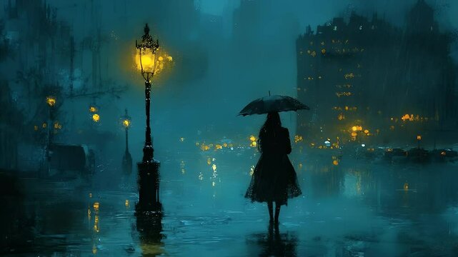 Rainy night cityscape with woman under umbrella
