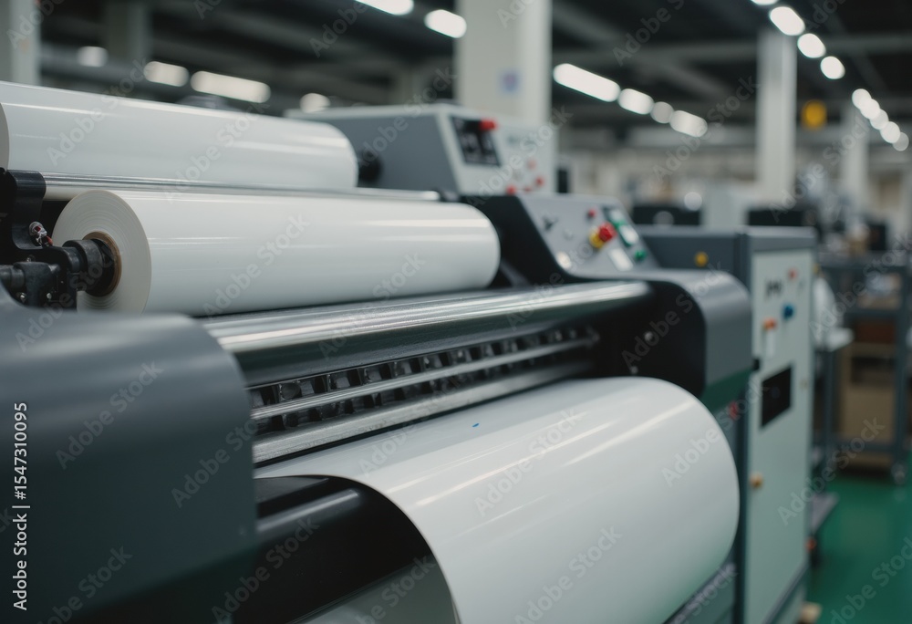 Poster industrial laminating machine with rolls of material in a factory setting