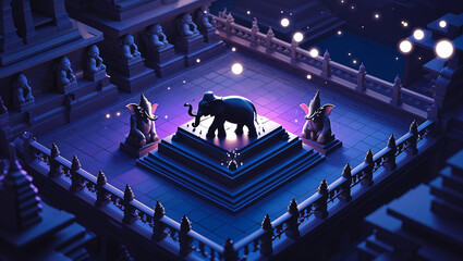 Animated elephant statue and stylized architecture with glowing orbs under a vibrant purple and blue night