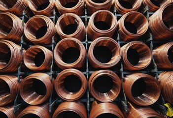 Spools of copper wire neatly arranged on a factory rack