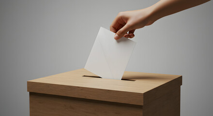 Arm in suit casting a ballot in wooden election box during voting