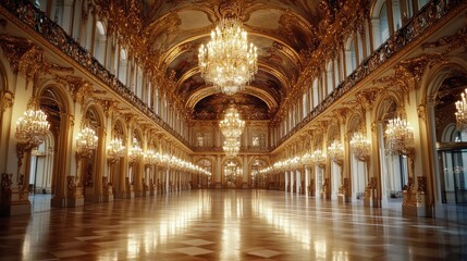 Grand gilded hall, opulent chandeliers