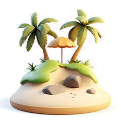 Tropical island 3d composition with palm tree, beach chair and umberella.