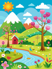 Naklejka premium Springtime Landscape. Serene Mountain View with Blooming Flowers and Birds