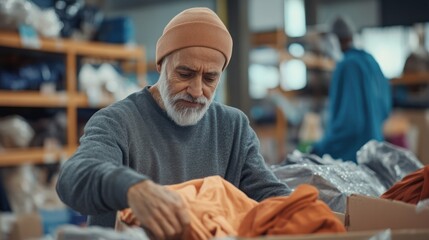 Engaged senior man sorting clothes for donation in a warehouse environment