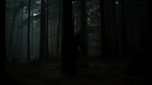 Bigfoot Silhouette in Dark Misty Forest