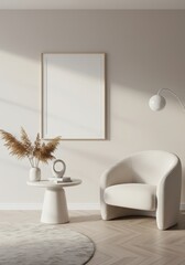 Wood Frame Mockup in a Serene Minimalist Living Room with Modern White Armchair