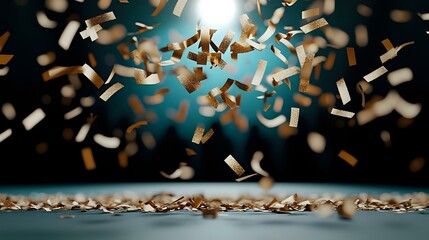 Festive gold and white confetti falling against dark turquoise background with reflective surface, creating magical celebratory atmosphere for special events and parties.