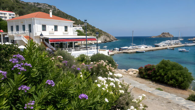 A picturesque harbor scene featuring several boats in the background, surrounded by calm waters and distant shores