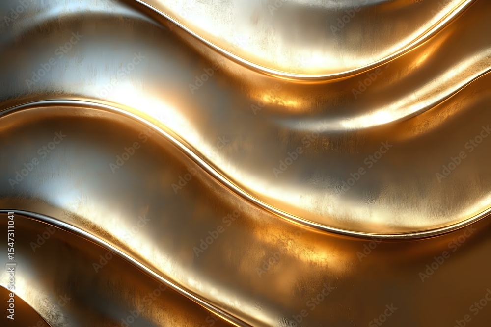 Poster luxurious metallic waves with golden and silver tones creating elegant abstract background pattern. 