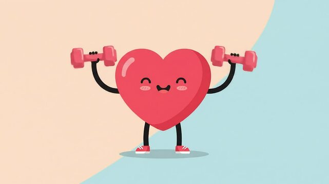 Cheerful Cartoon Heart Lifting Dumbbells on Pastel Background
