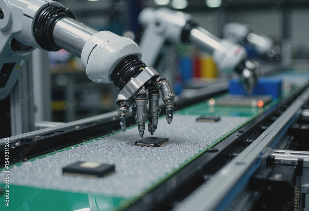 Poster robotic assembly arms placing tiny parts on a conveyor belt in a factory setting