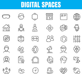 Metaverse and Digital Spaces Line Icons,  VR Headset, Avatar, Blockchain, Chat Bubble,  Ideal for UI/UX design,   Provided in editable EPS and transparent PNG formats