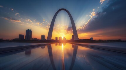 A colossal archway , spanning a vast cityscape , precise alignment , clean lines , radiating energy 