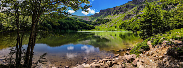  A panorama of Lake Baccio in Italy.